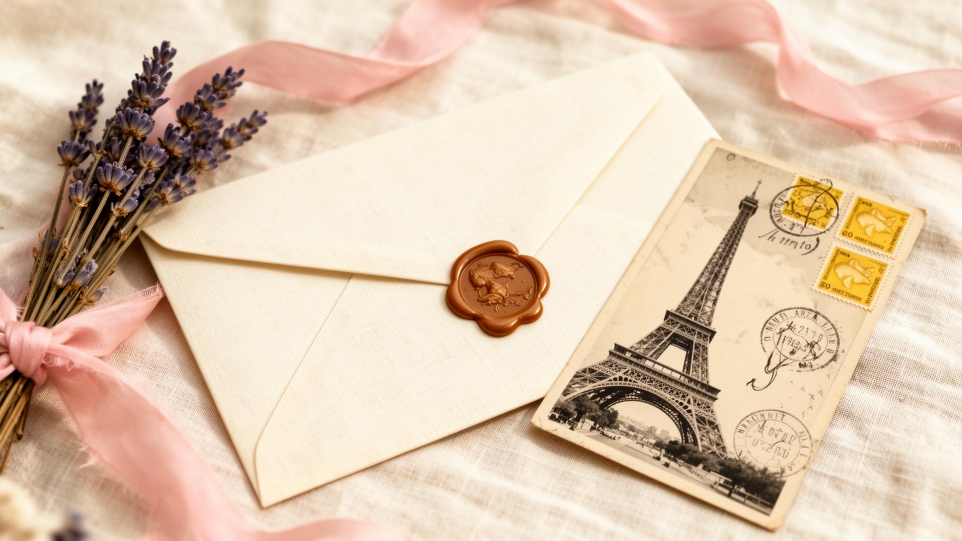 A cream linen envelope with a wax seal beside a vintage Parisian postcard, dried lavender, and pastel pink ribbon